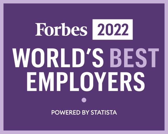 Forbes 2022, World's Best Employers, Powered by Statista - purple and white accolade banner.