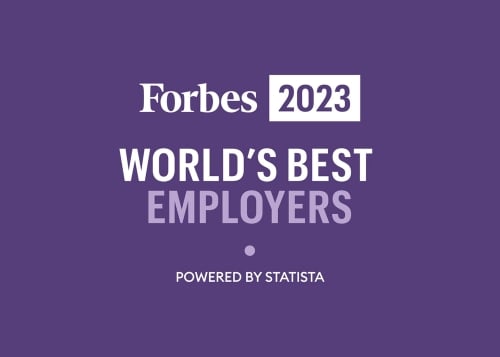 Forbes 2023, World's Best Employers, Powered by Statista - purple and white accolade banner.